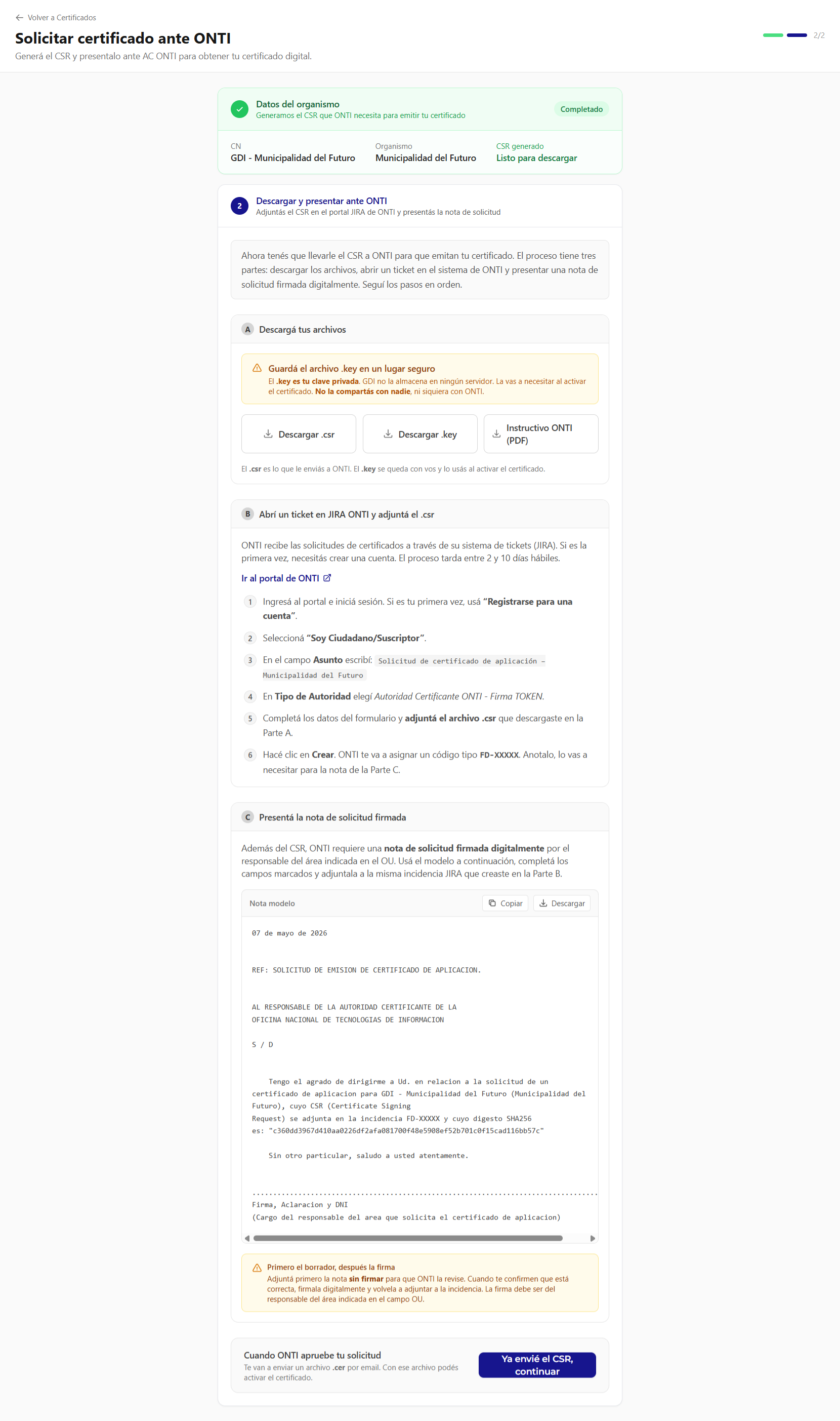 Flujo solicitar certificado ONTI