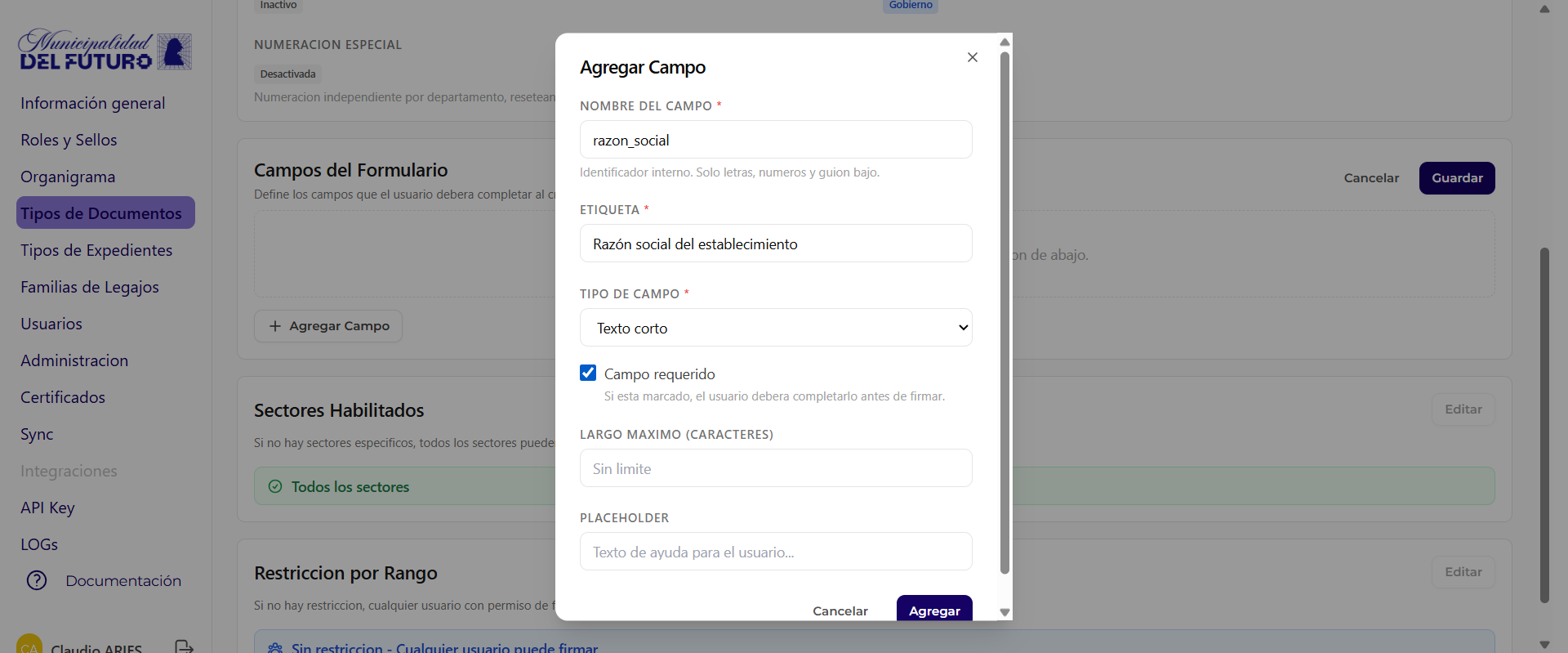 Dialogo Agregar Campo