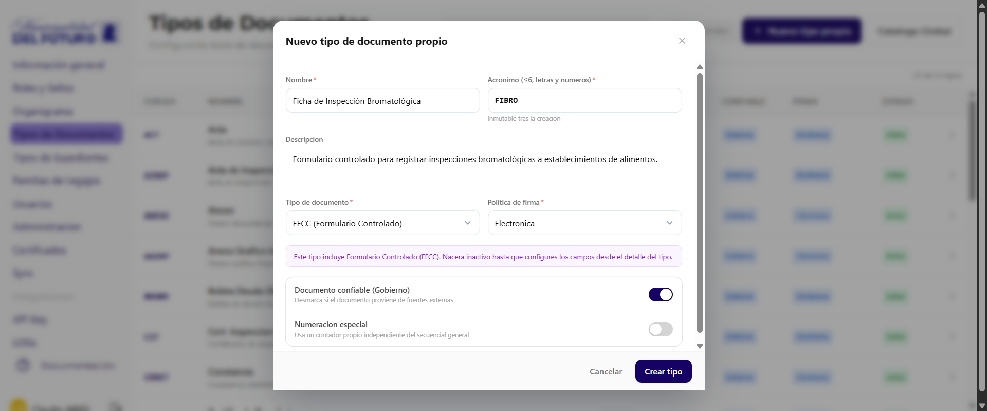 Nuevo tipo de documento propio