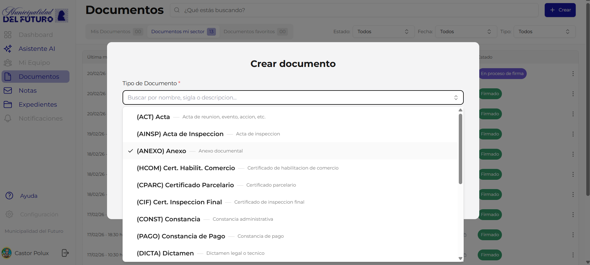 Dialogo de creacion - Selector de tipos