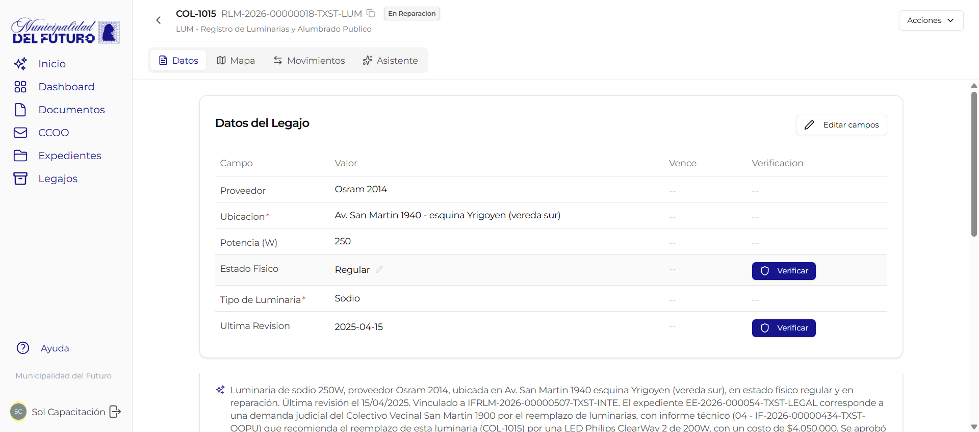 Detalle de legajo con datos y verificacion