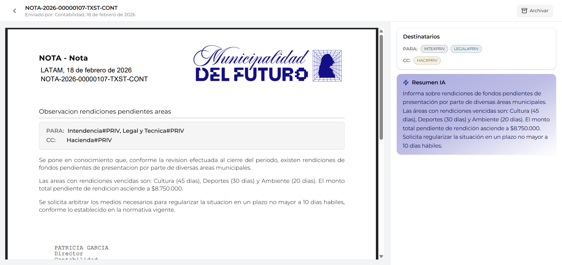 Nota recibida