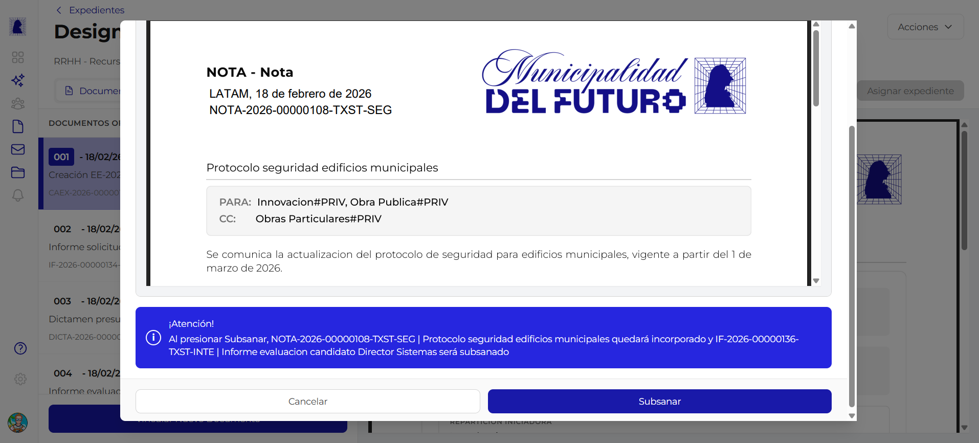 Modal subsanar documento