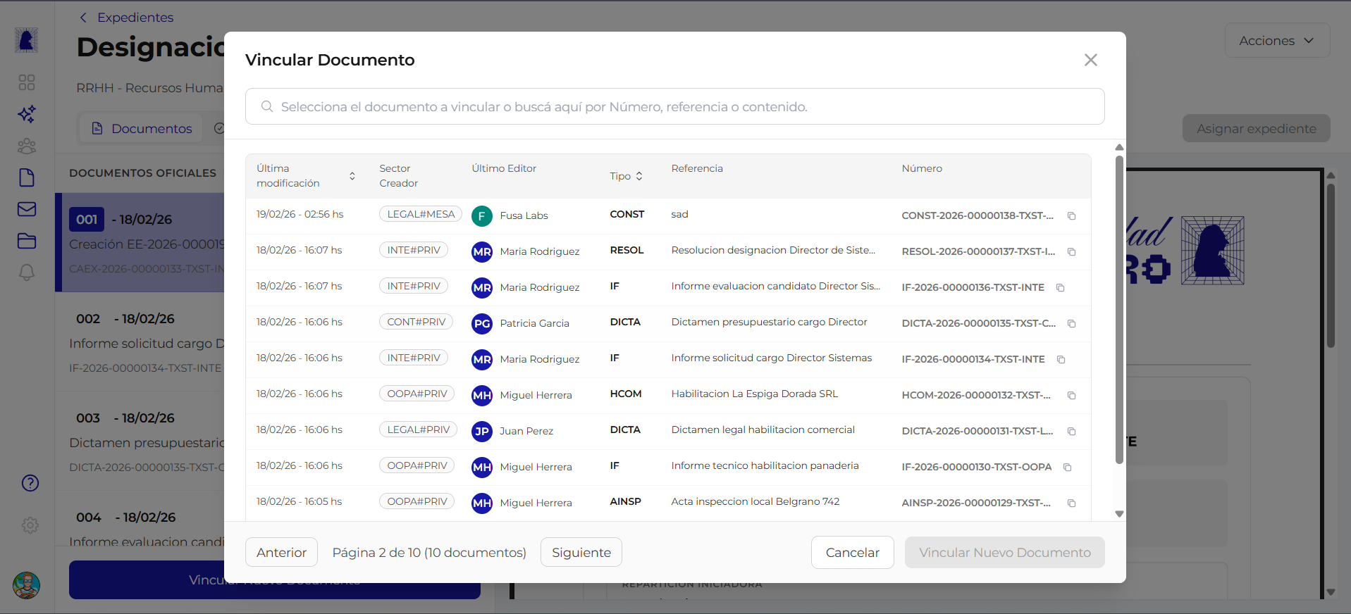 Modal vincular documento